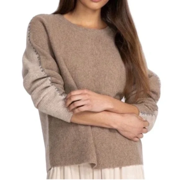 JOHNNY WAS CALME 100% Cashmere NEW Color Block Waffle Sweater Taupe Tan Size L